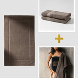 Rinkinys: vonios kilimelis, 50x85 cm, didelis veliūrinis rankšluostis – 90 x 170 cm ir medvilnės rankšluosčių rinkinys – (2 vnt, 50 x 90 cm)